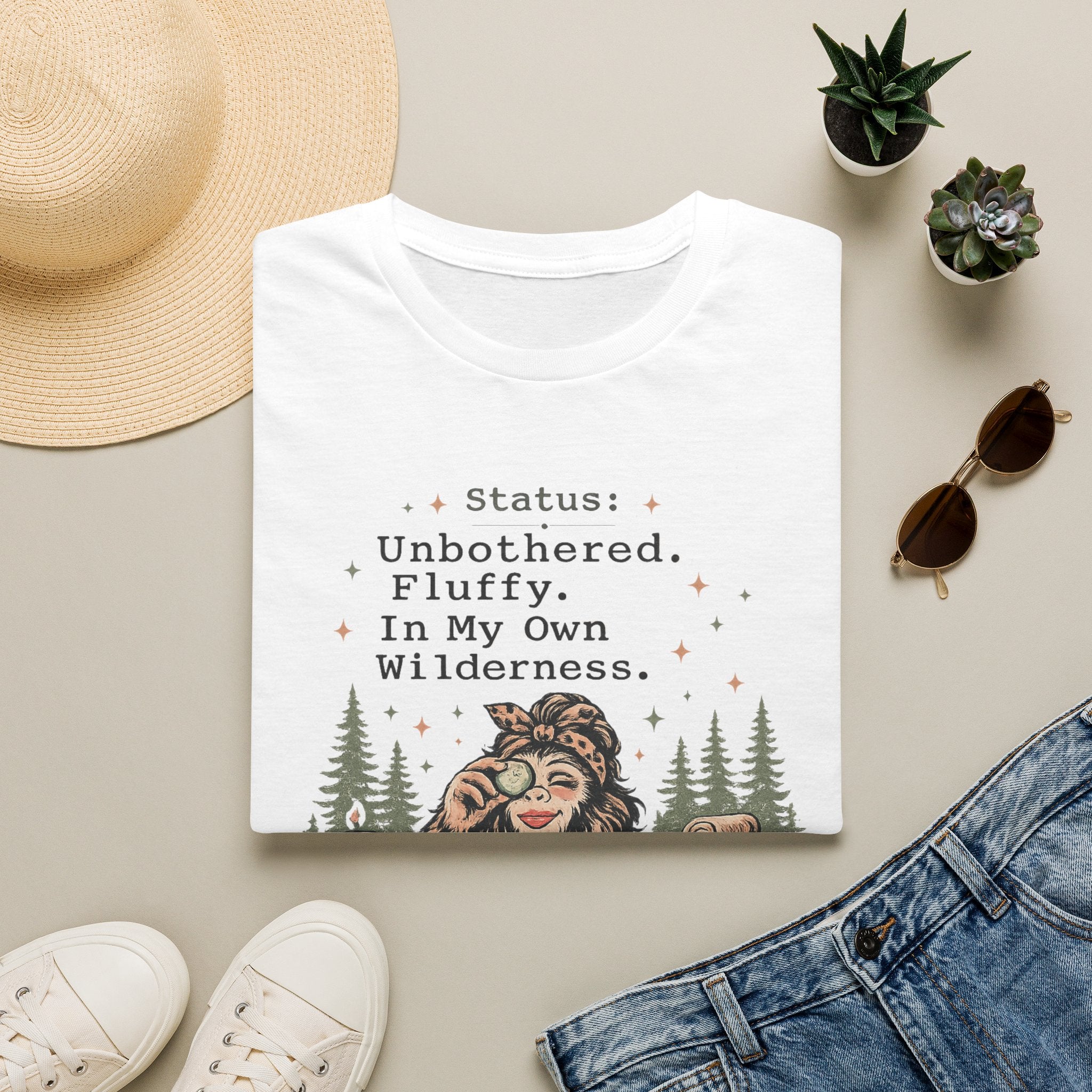 Status: Unbothered. Fluffy. In My Own Wilderness." Casual Bigfoot T-Shirt