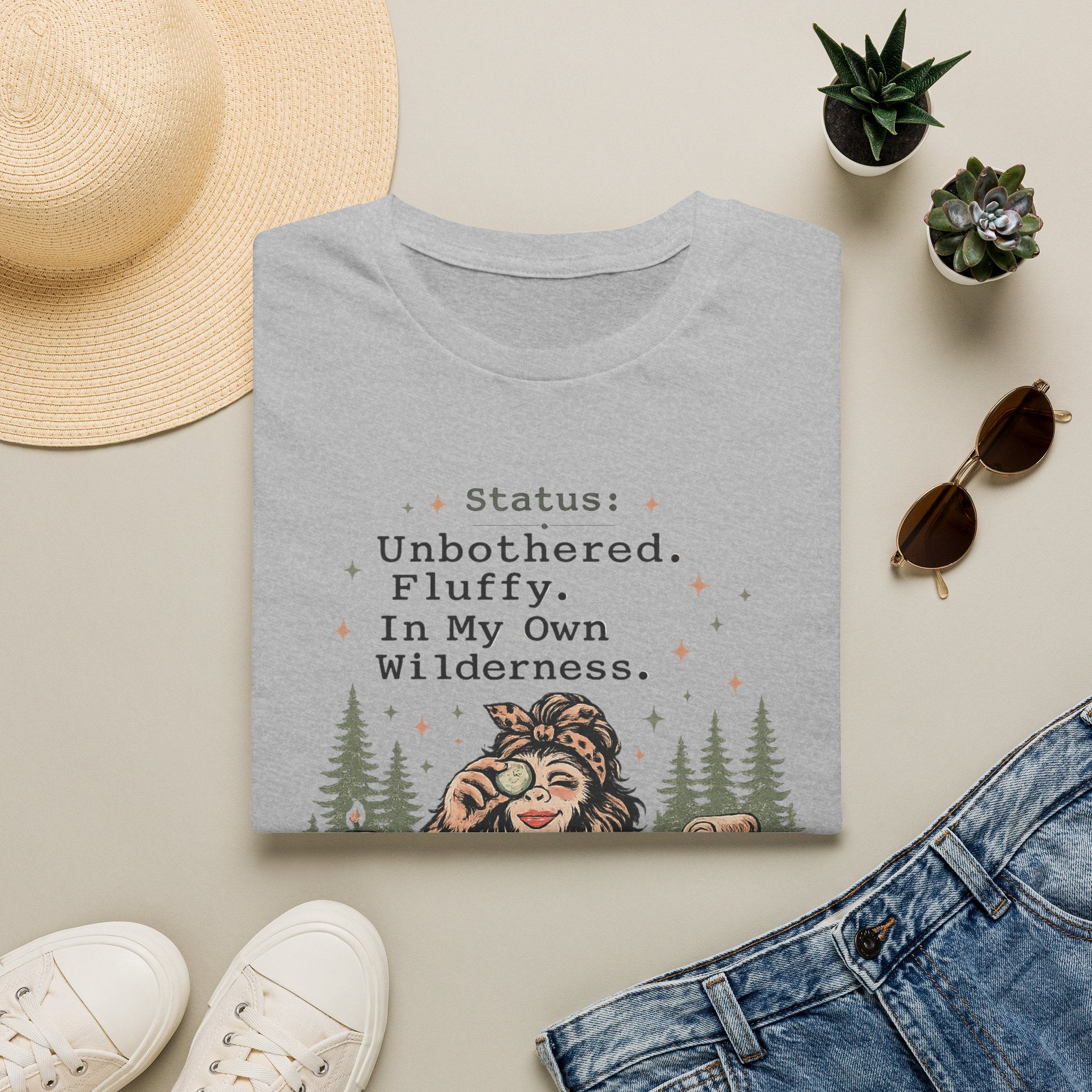 Status: Unbothered. Fluffy. In My Own Wilderness." Casual Bigfoot T-Shirt