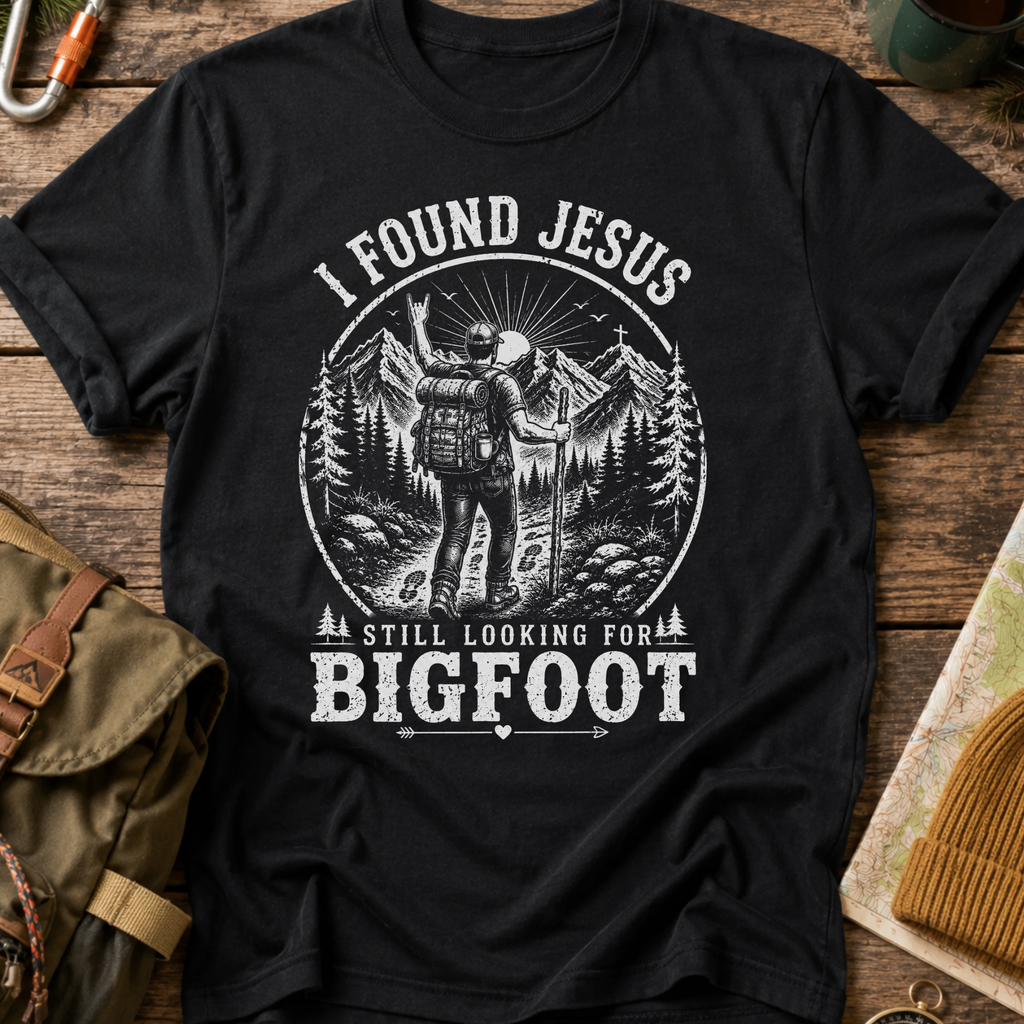 I Found Jesus Still Looking For Bigfoot Funny Christian T-Shirt