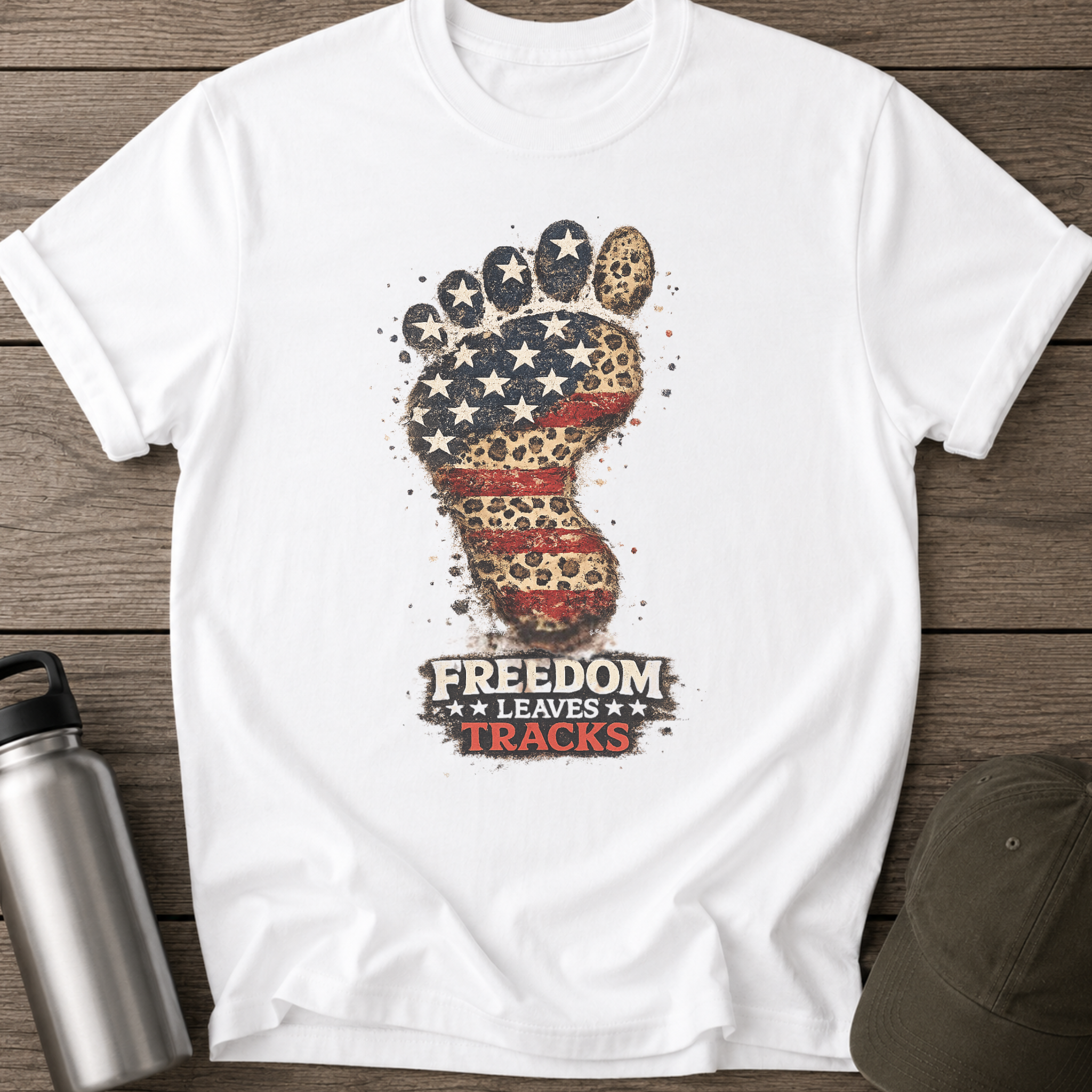 Freedom Leaves Its Tracks - Patriotic American Flag Bigfoot T‑Shirt