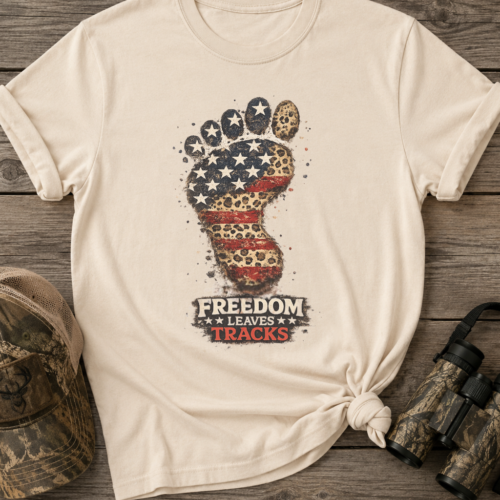 Freedom Leaves Its Tracks - Patriotic American Flag Bigfoot T‑Shirt