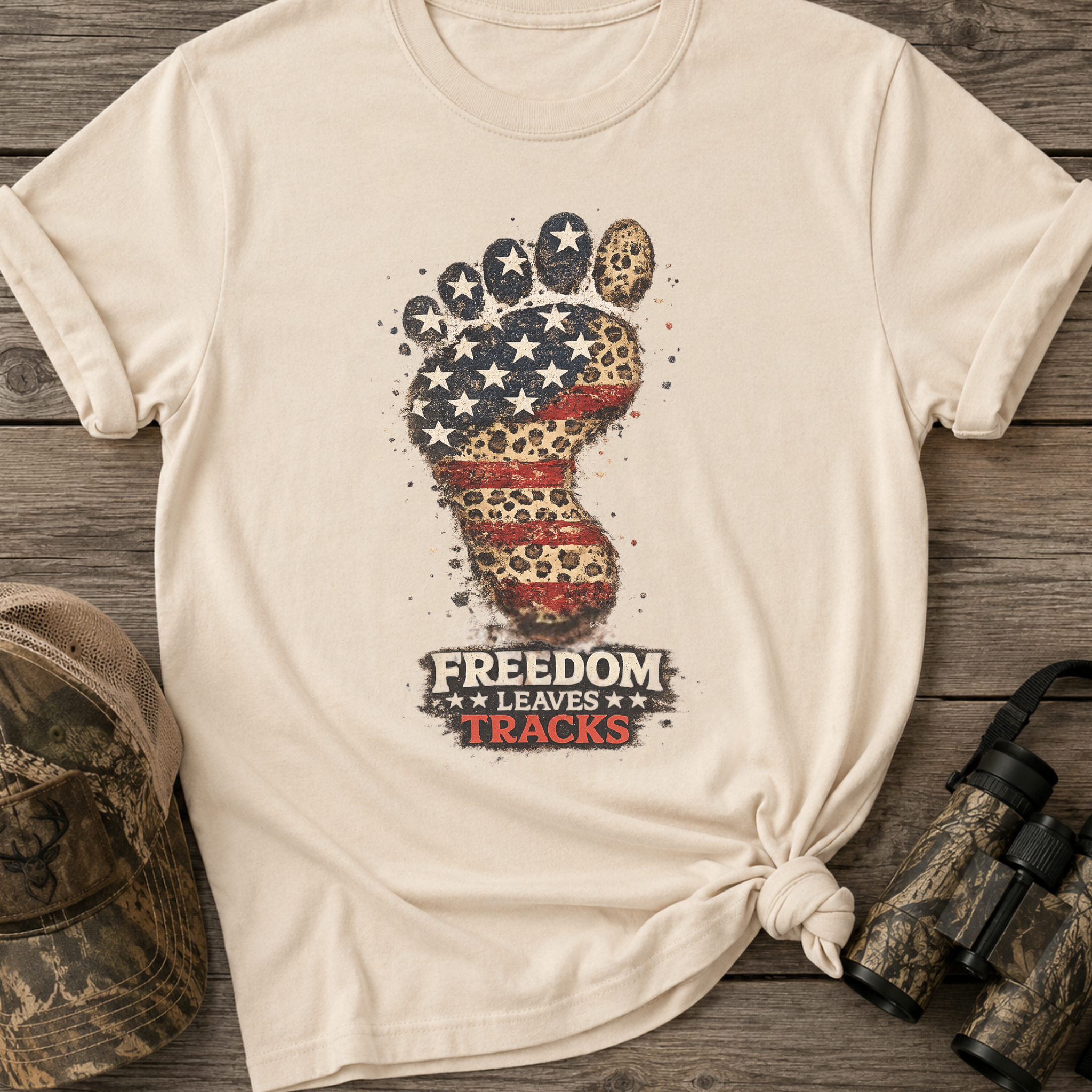 Freedom Leaves Its Tracks - Patriotic American Flag Bigfoot T‑Shirt
