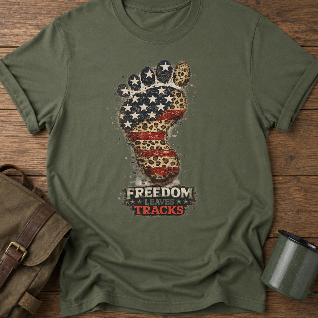 Freedom Leaves Its Tracks - Patriotic American Flag Bigfoot T‑Shirt