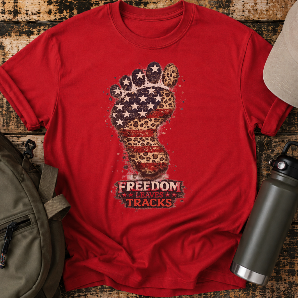Freedom Leaves Its Tracks - Patriotic American Flag Bigfoot T‑Shirt