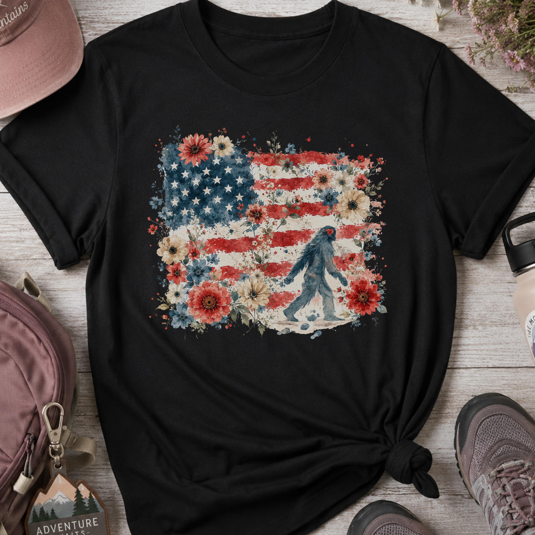 Watercolor American Flag Floral Bigfoot T-Shirt