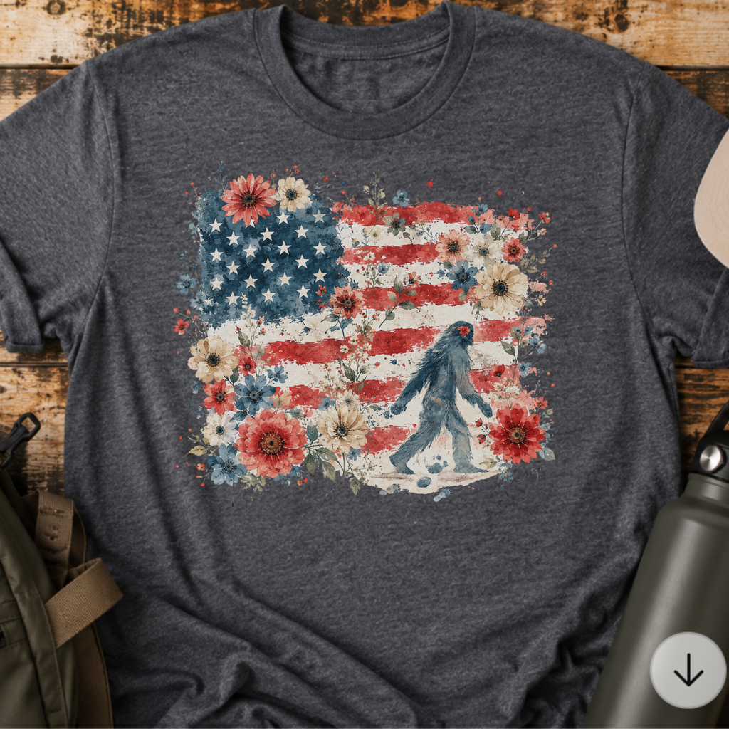 Watercolor American Flag Floral Bigfoot T-Shirt
