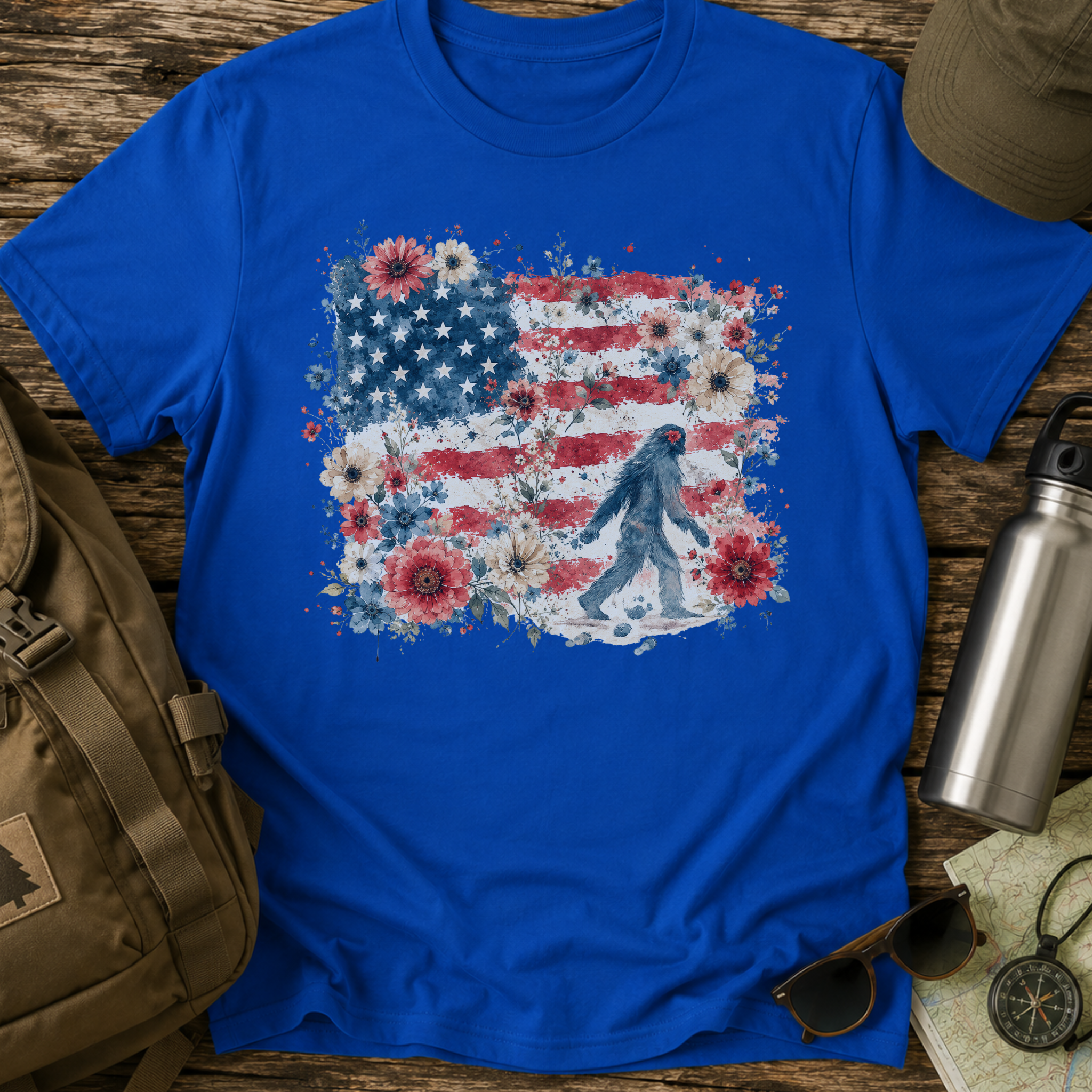 Watercolor American Flag Floral Bigfoot T-Shirt
