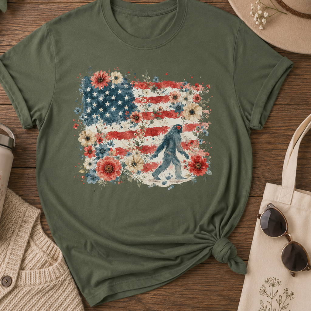 Watercolor American Flag Floral Bigfoot T-Shirt