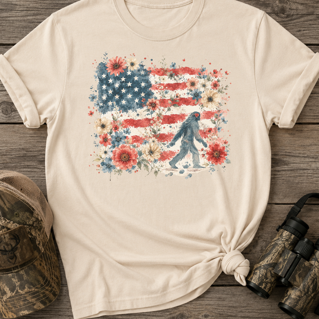 Watercolor American Flag Floral Bigfoot T-Shirt