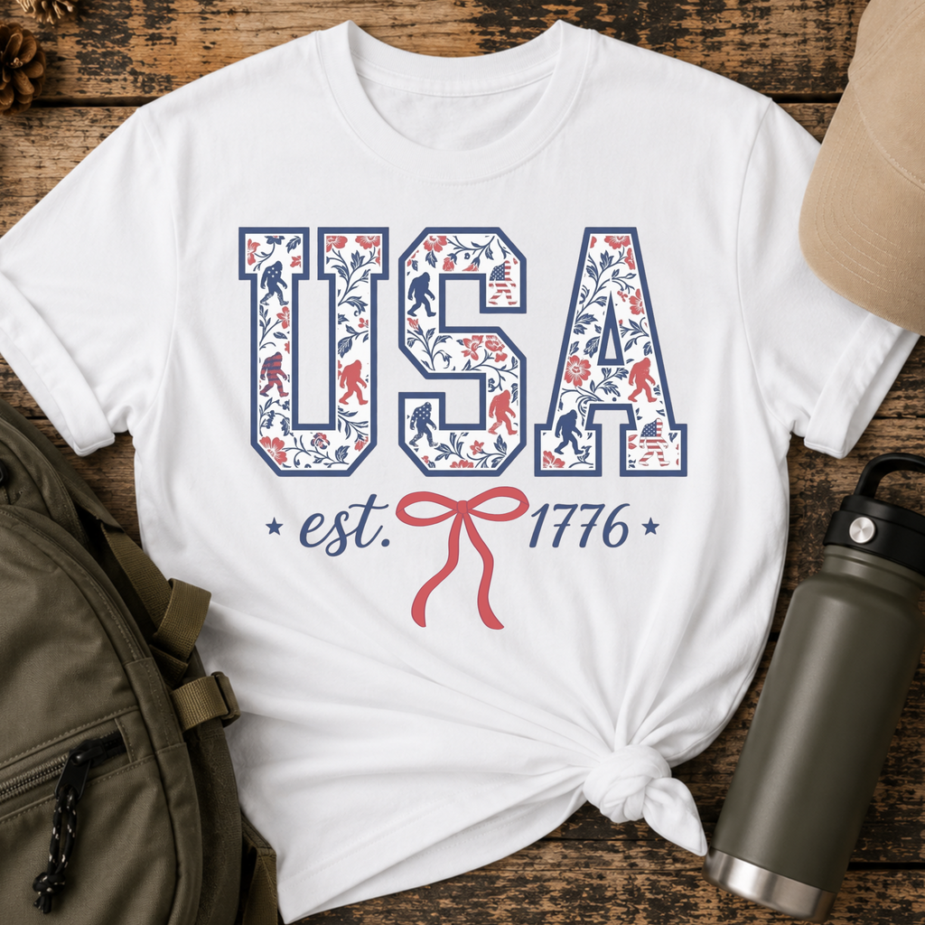 Floral & Bigfoot USA American Girl Patriotic T-Shirt