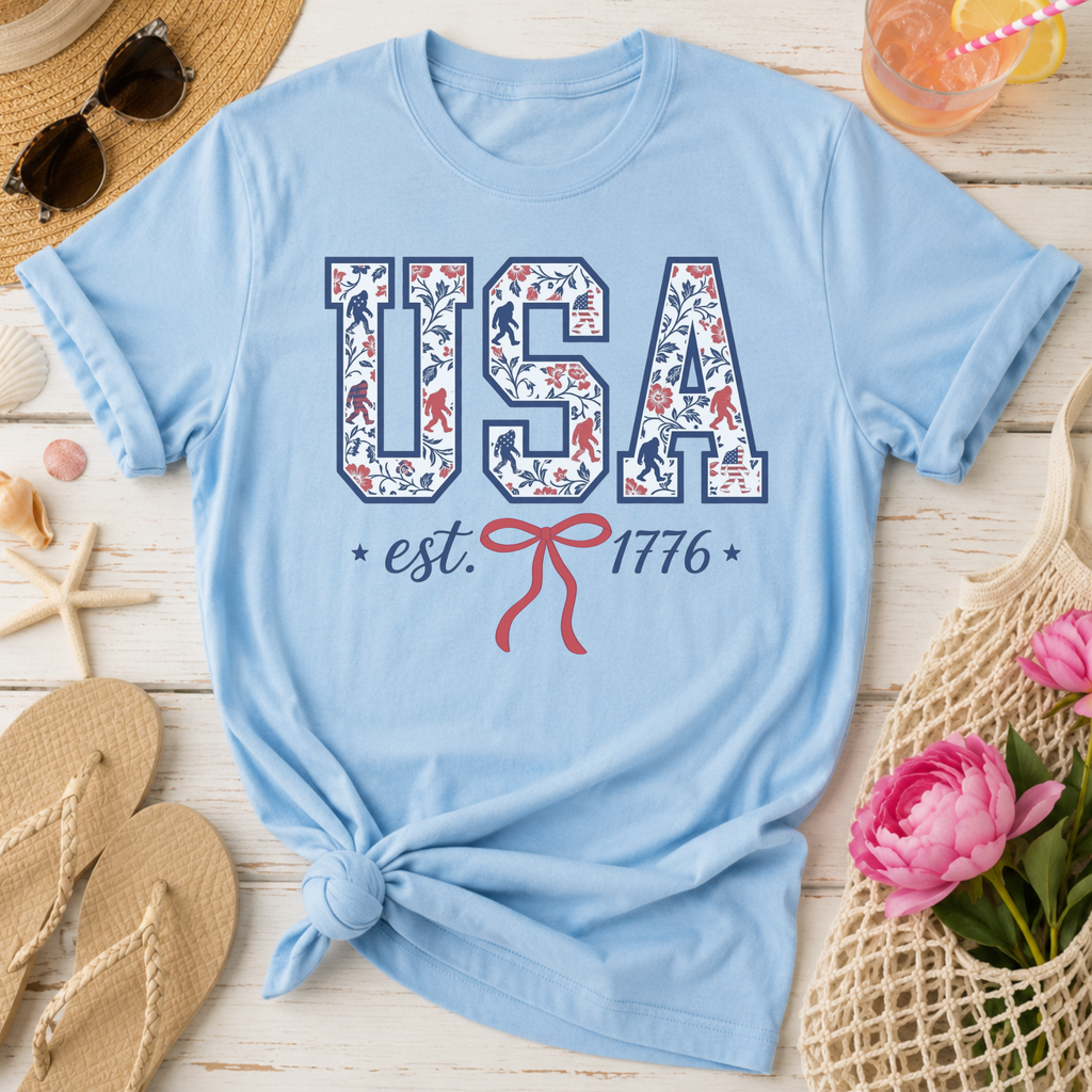Floral & Bigfoot USA American Girl Patriotic T-Shirt