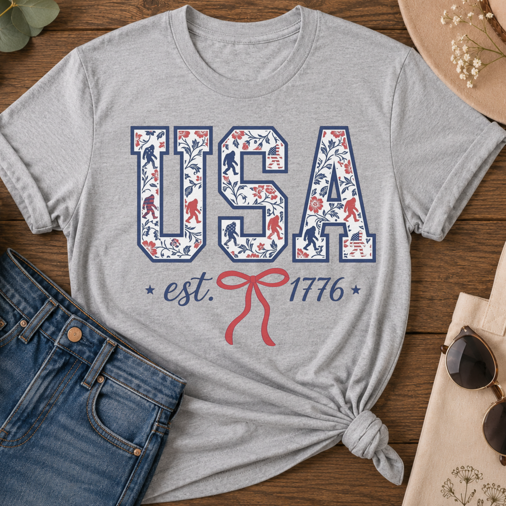 Floral & Bigfoot USA American Girl Patriotic T-Shirt