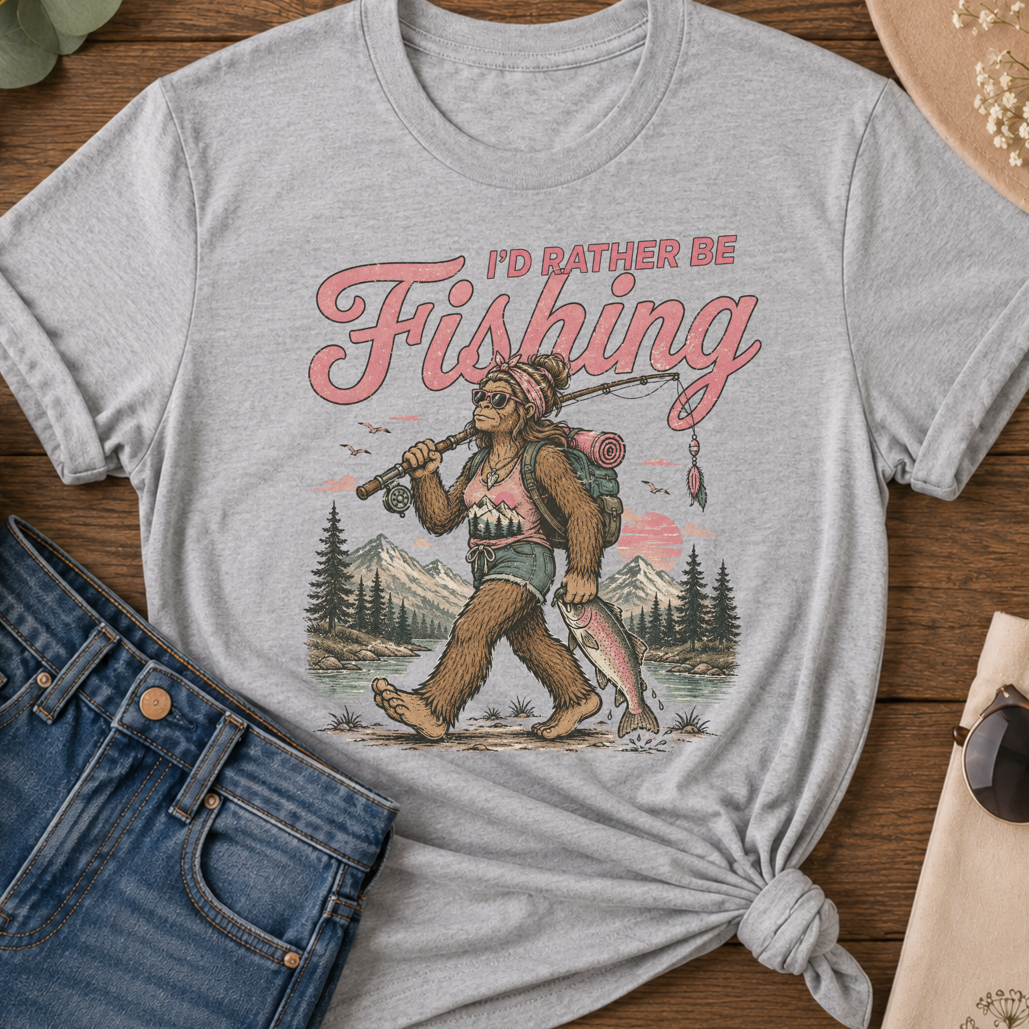 I'd Rather Be Fishing Female Sasquatch Vintage T-Shirt
