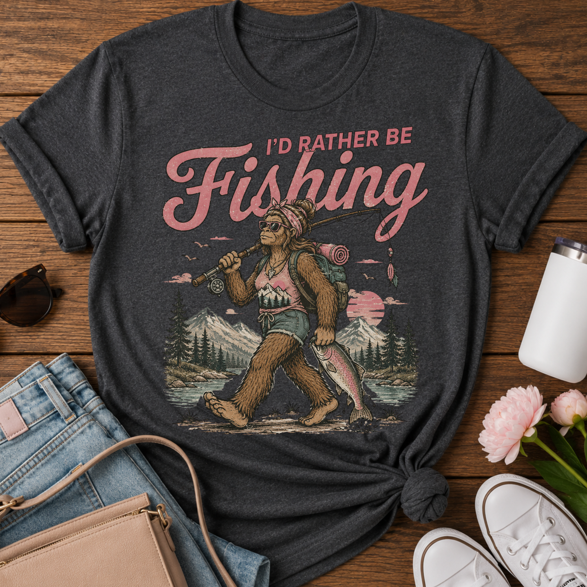I'd Rather Be Fishing Female Sasquatch Vintage T-Shirt