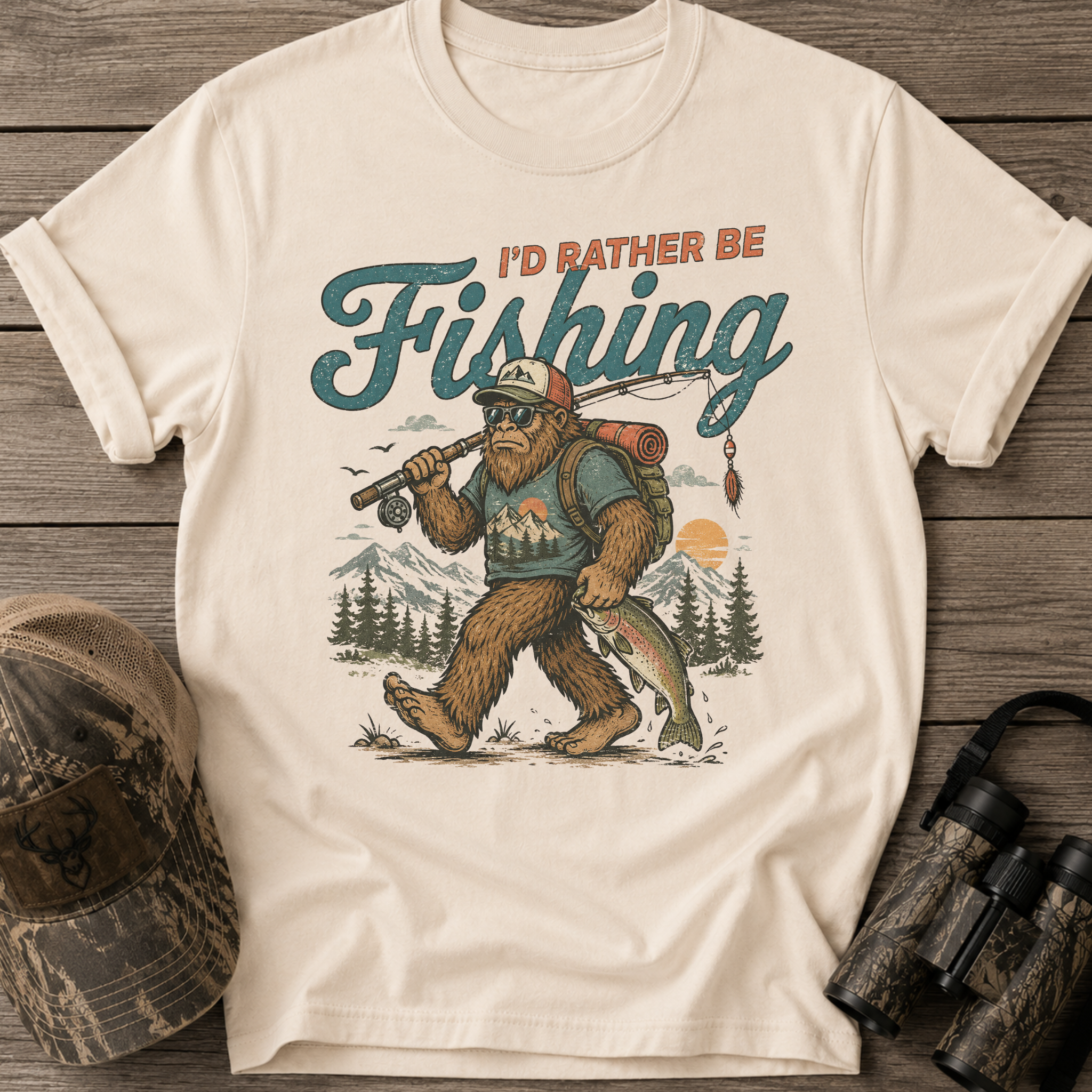 I'd Rather Be Fishing Male Sasquatch Funny T-Shirt