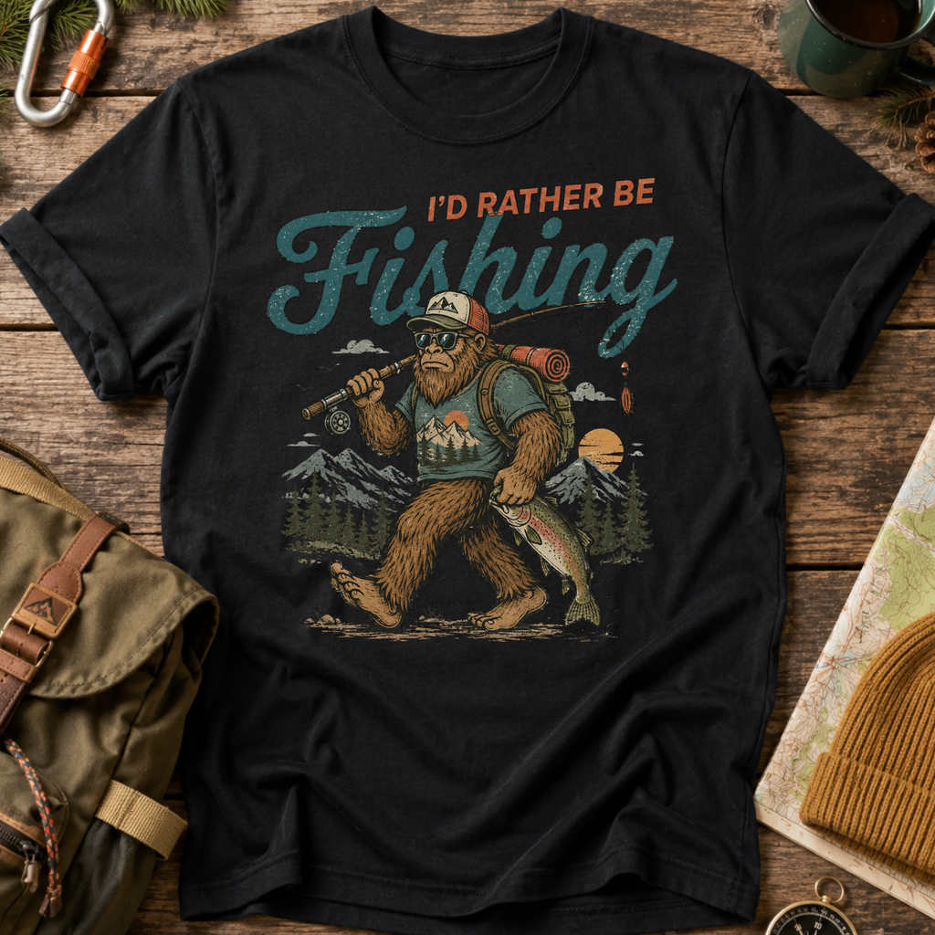 I'd Rather Be Fishing Male Sasquatch Funny T-Shirt
