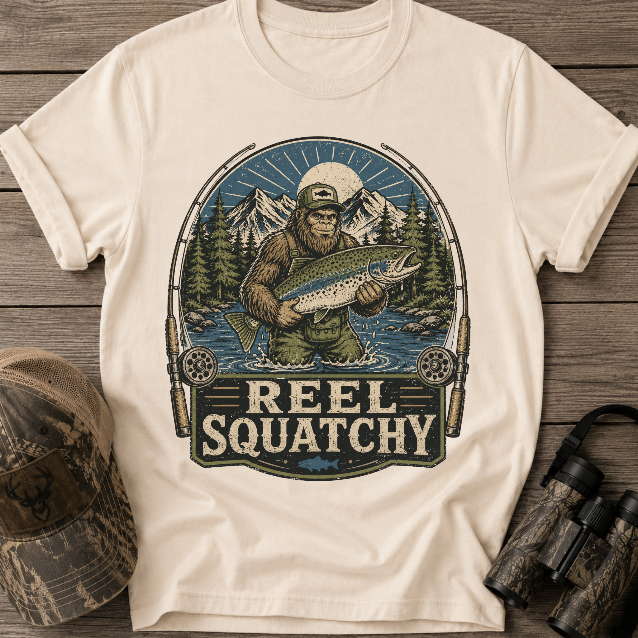 Reel Squatchy Fishing Green Hat T-Shirt