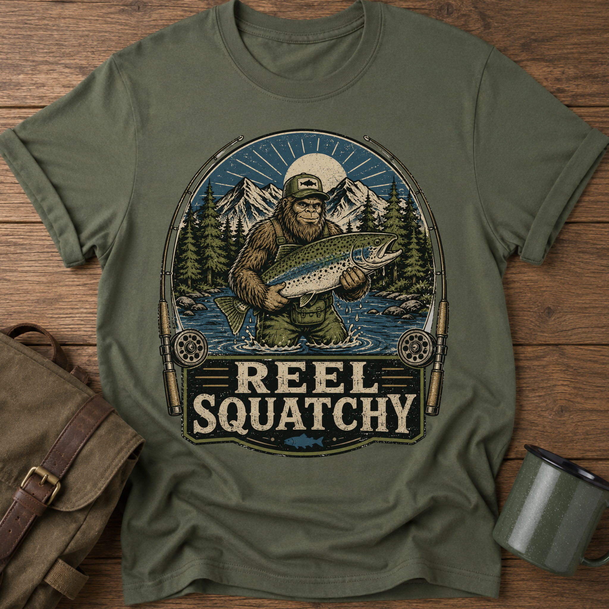 Reel Squatchy Fishing Green Hat T-Shirt