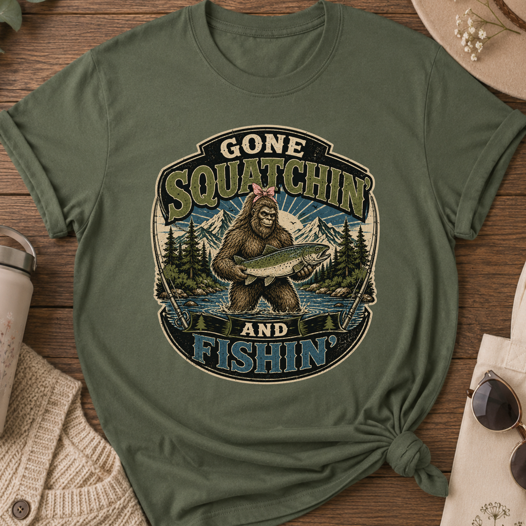 Gone Squatchin' and Fishin' Pink Bow T-Shirt