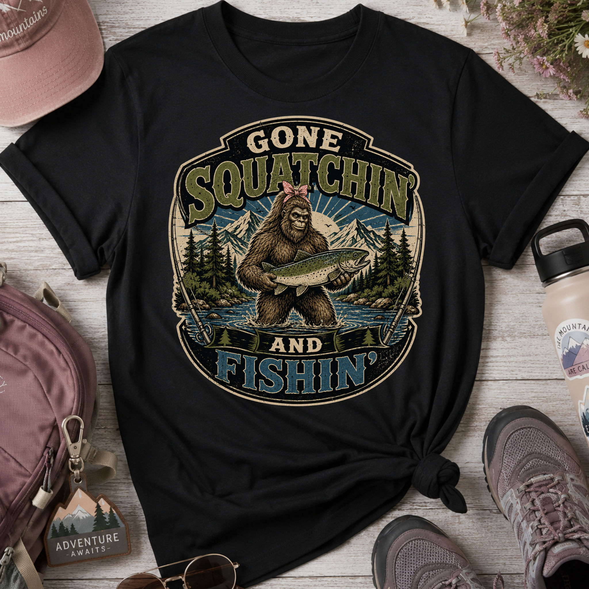 Gone Squatchin' and Fishin' Pink Bow T-Shirt