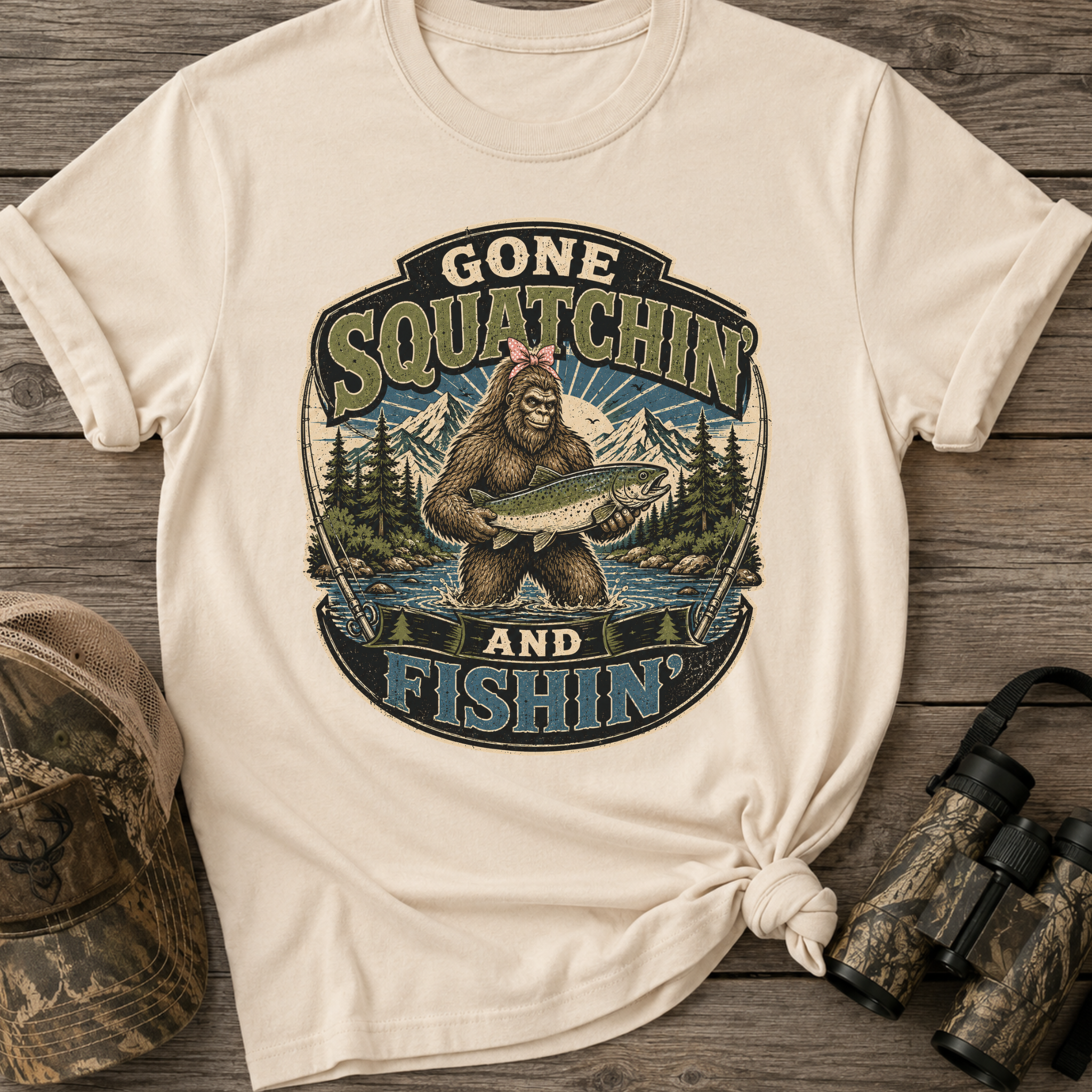 Gone Squatchin' and Fishin' Pink Bow T-Shirt