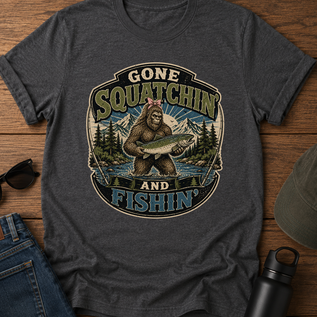 Gone Squatchin' and Fishin' Pink Bow T-Shirt