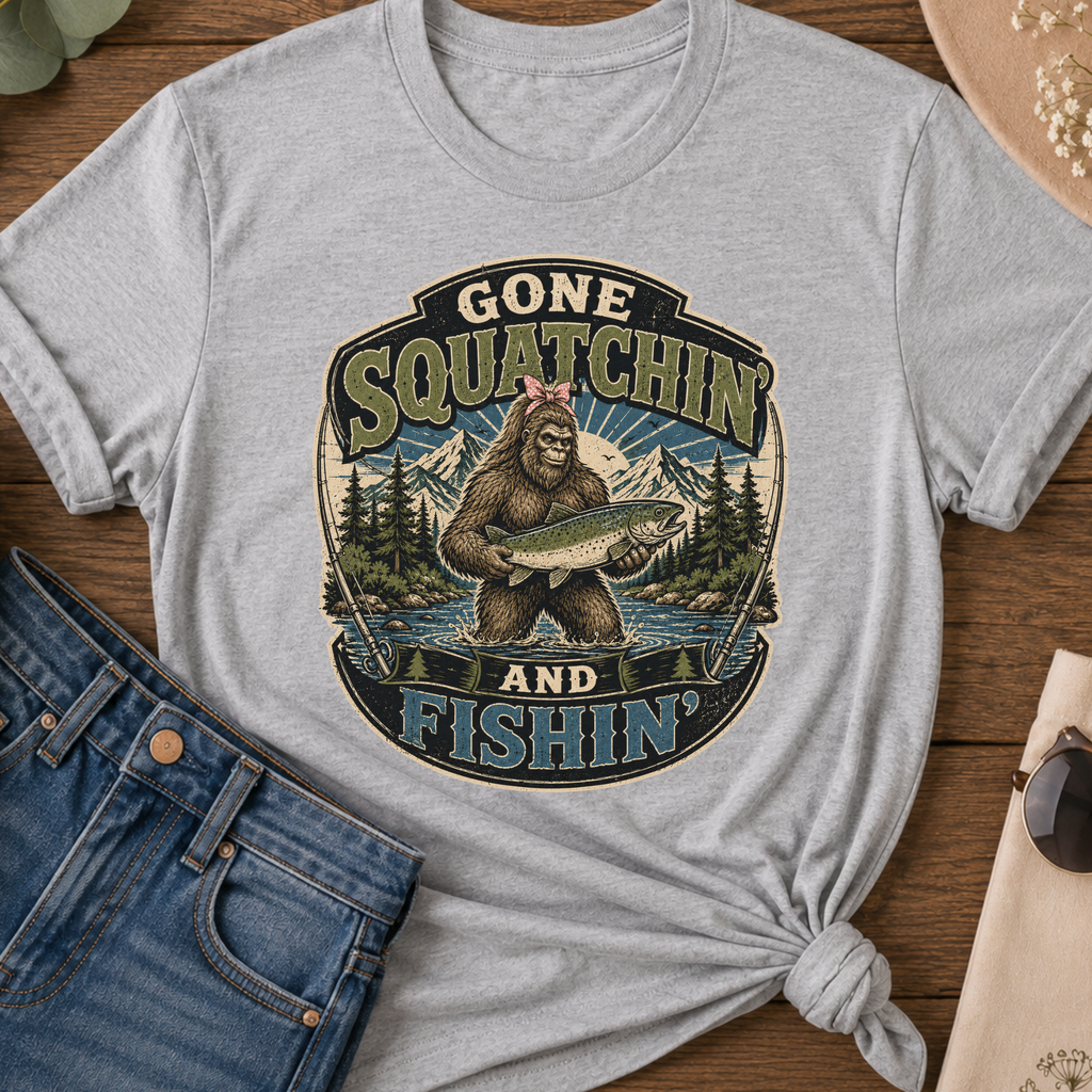 Gone Squatchin' and Fishin' Pink Bow T-Shirt