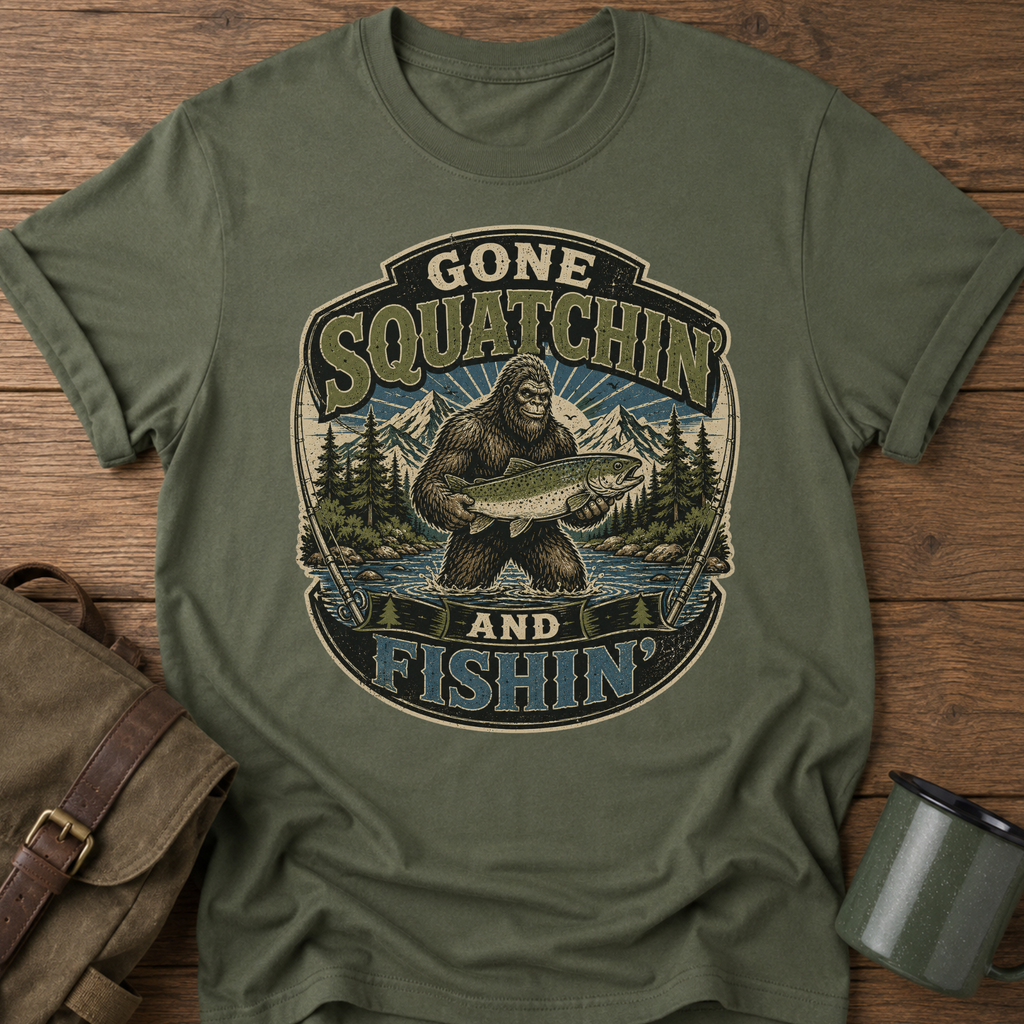 Gone Squatchin' and Fishin' Blue Green T-Shirt