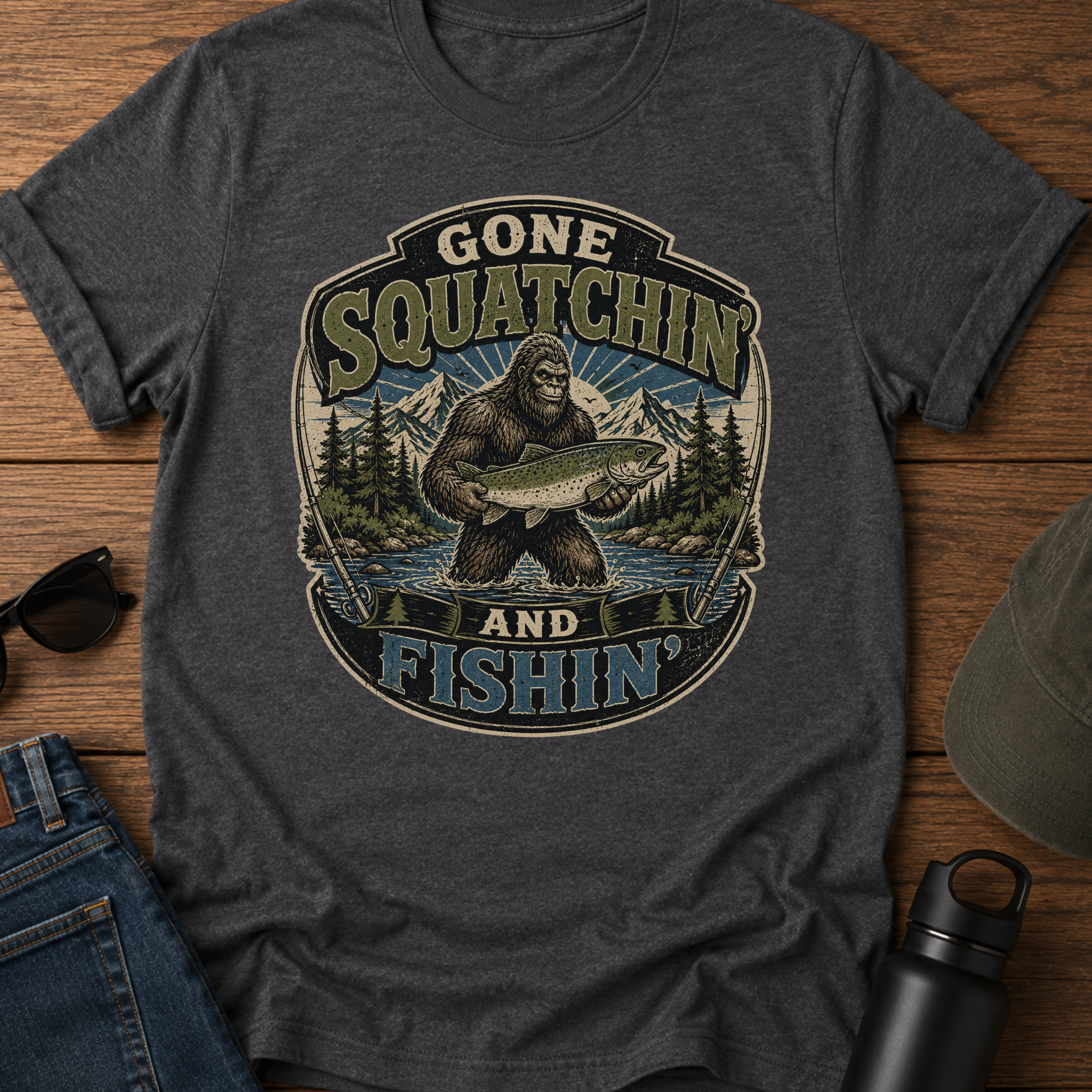 Gone Squatchin' and Fishin' Blue Green T-Shirt