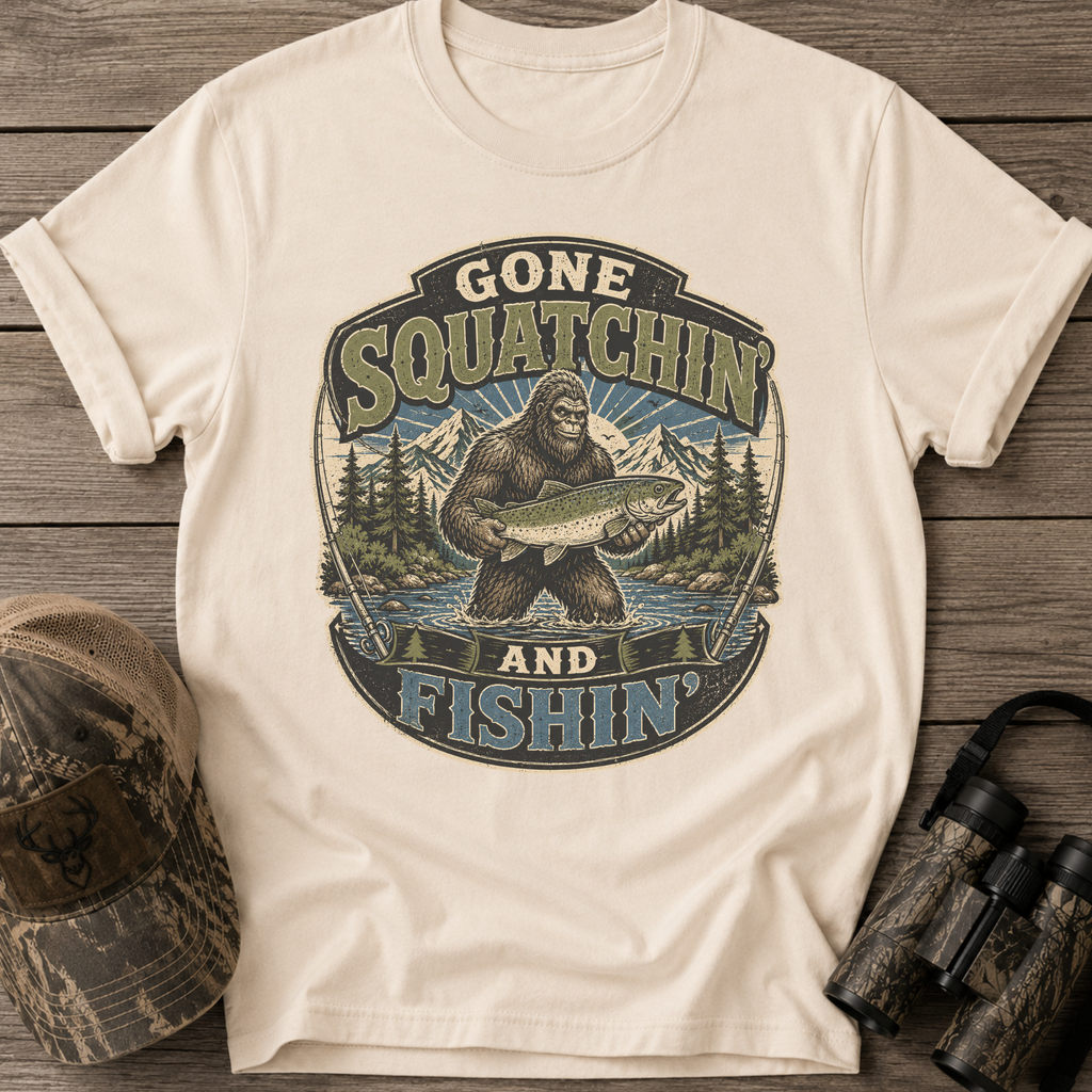 Gone Squatchin' and Fishin' Blue Green T-Shirt