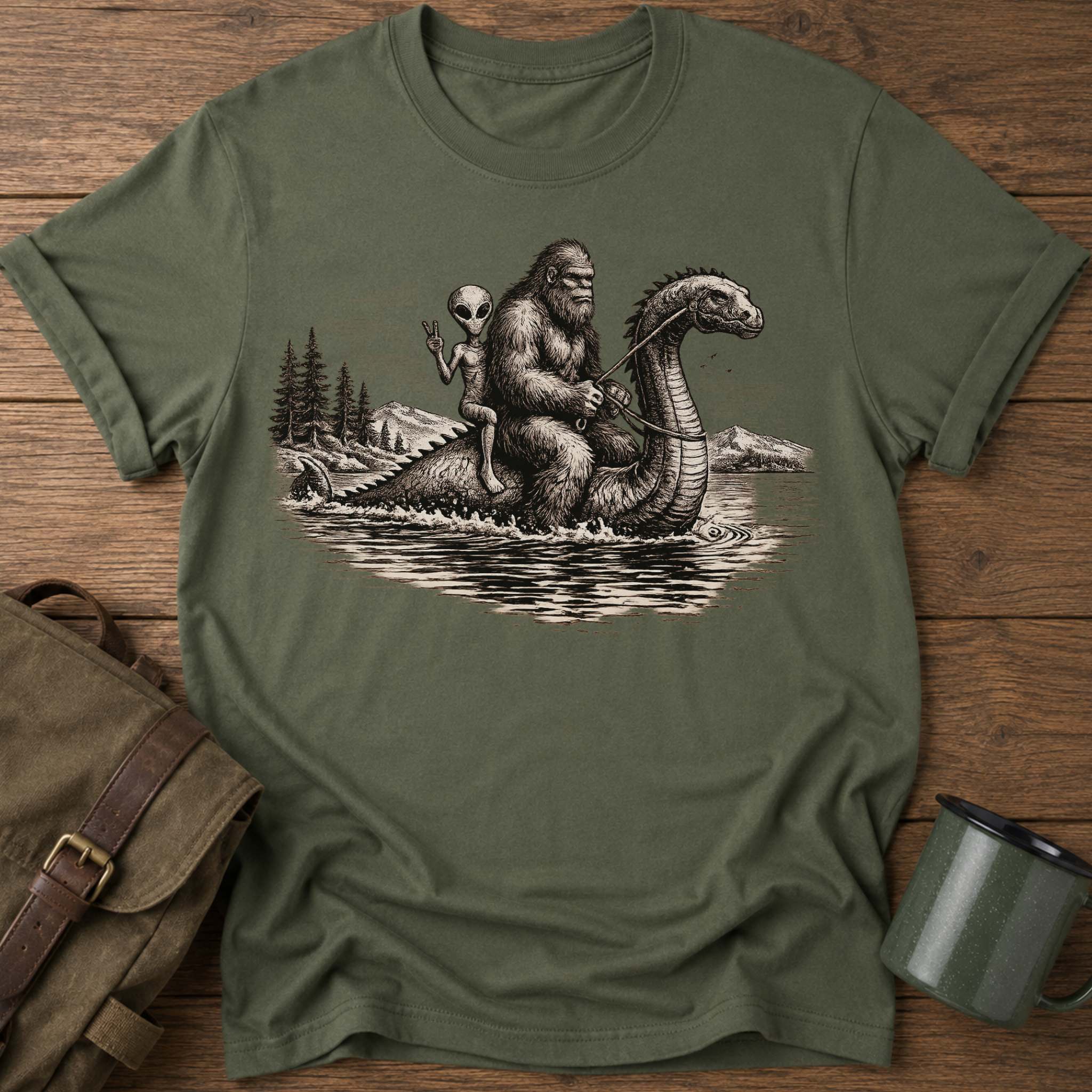 Cryptid Adventure Bigfoot, Nessie & Alien Retro T-Shirt