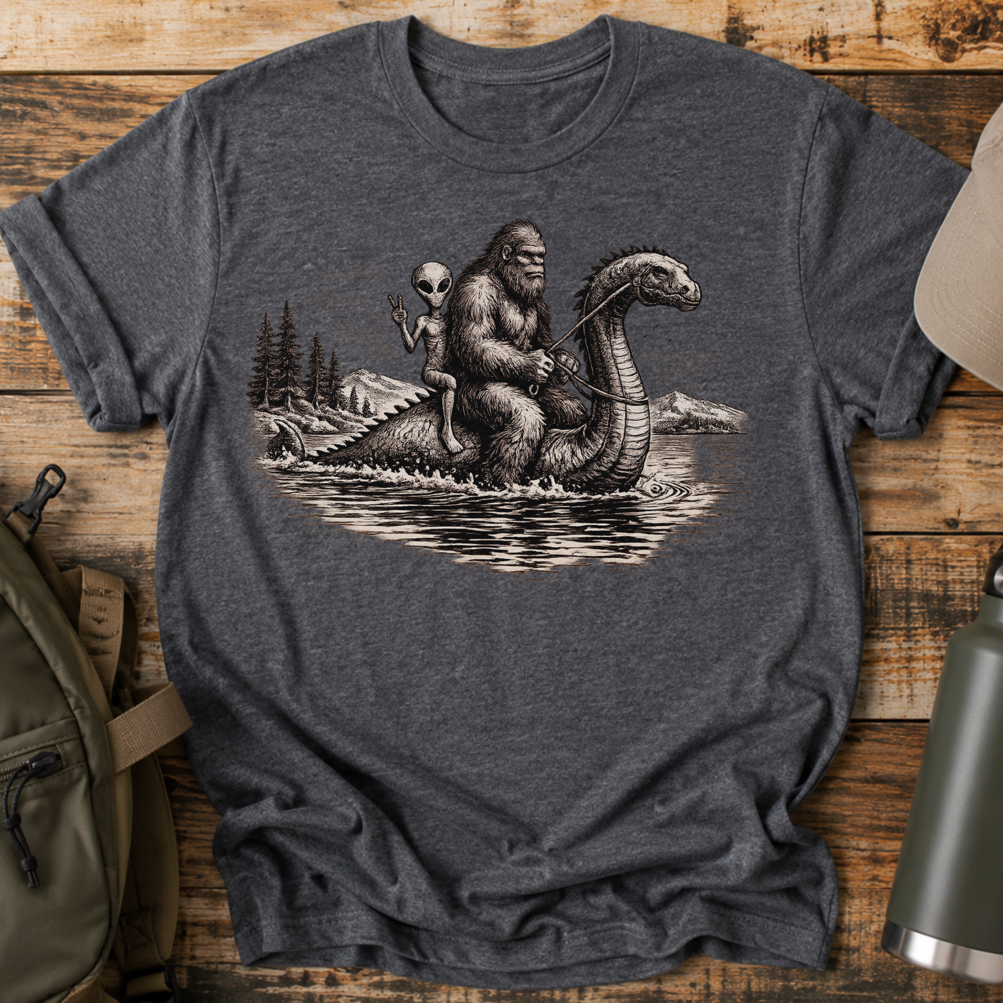 Cryptid Adventure Bigfoot, Nessie & Alien Retro T-Shirt