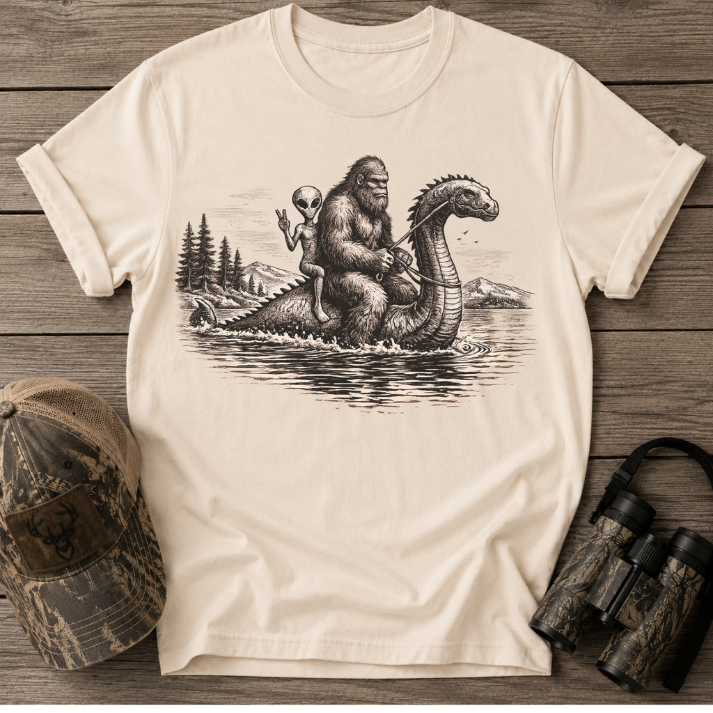 Cryptid Adventure Bigfoot, Nessie & Alien Retro T-Shirt