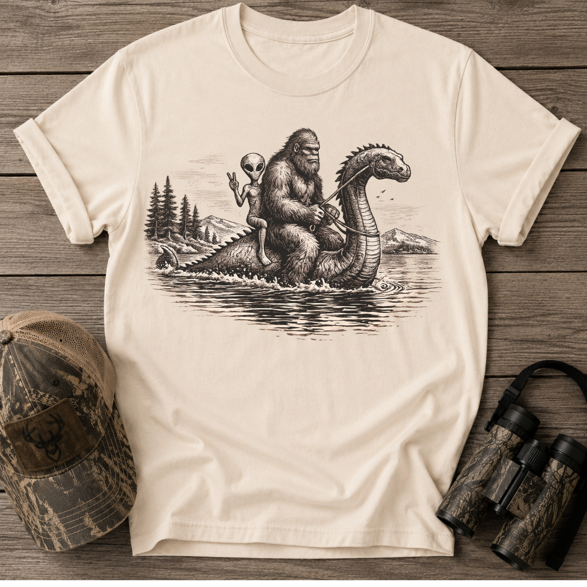 Cryptid Adventure Bigfoot, Nessie & Alien Retro T-Shirt