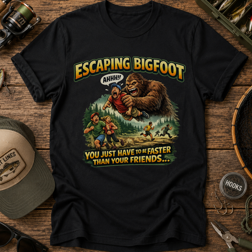 Escaping Bigfoot Retro Horror Comedy T-Shirt