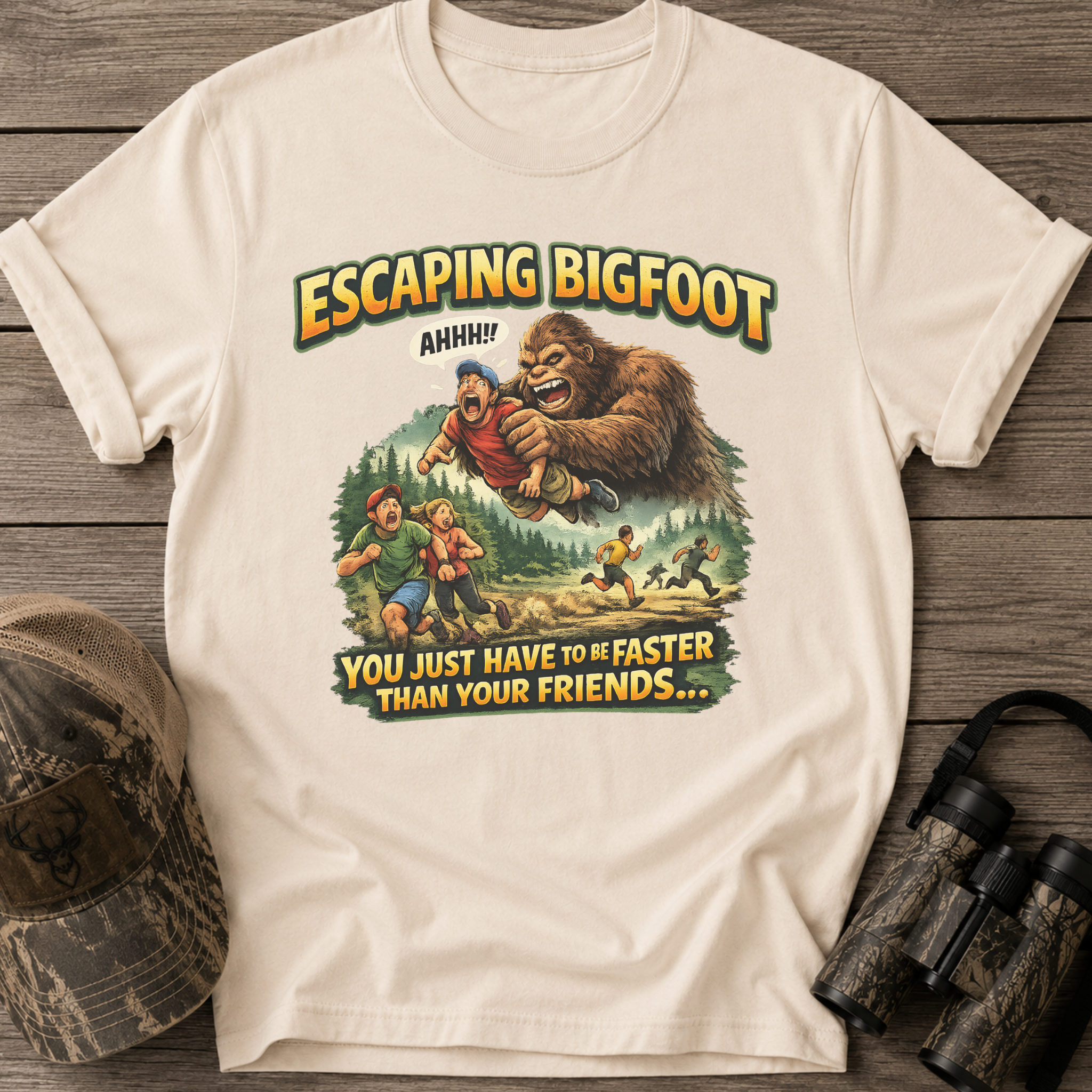 Escaping Bigfoot Retro Horror Comedy T-Shirt