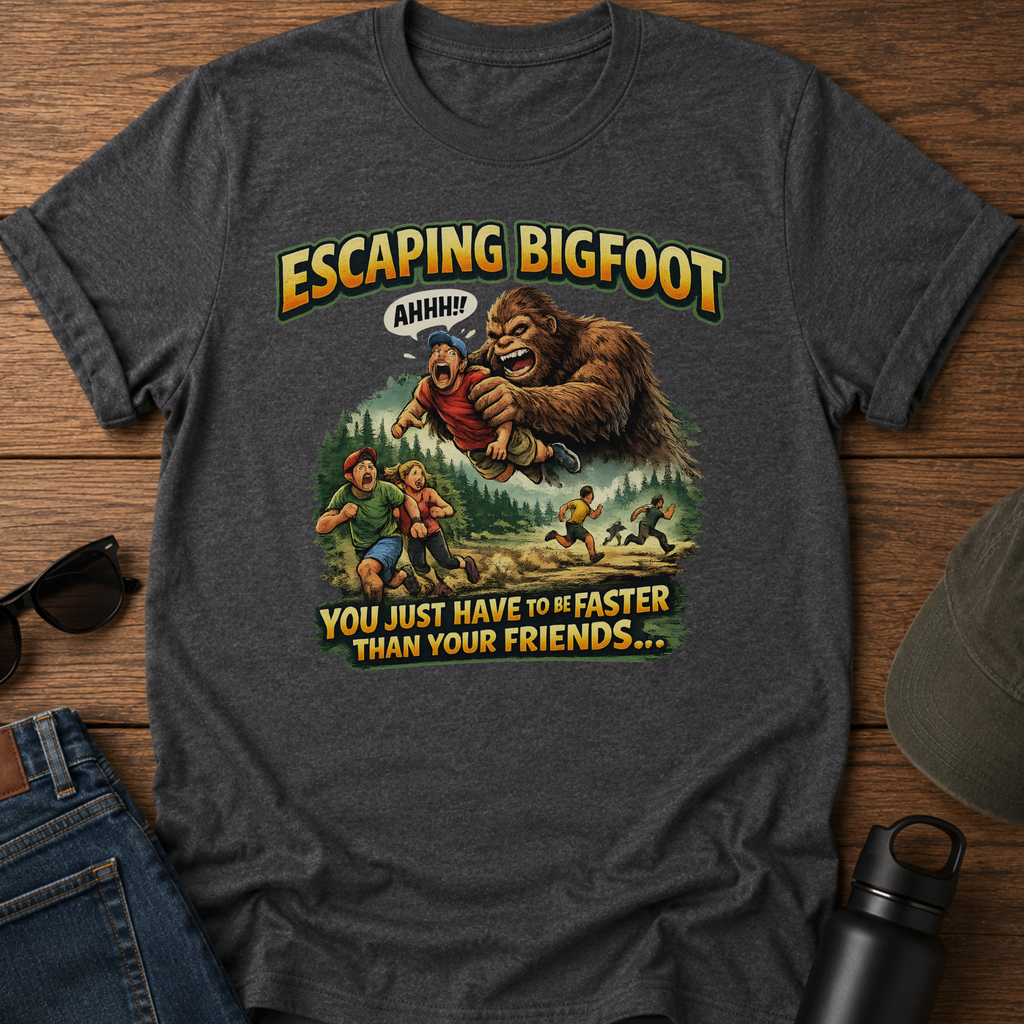 Escaping Bigfoot Retro Horror Comedy T-Shirt
