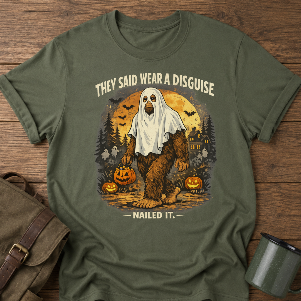 They Said Wear a Disguise — Funny Bigfoot Halloween T-Shirt (Nailed It)