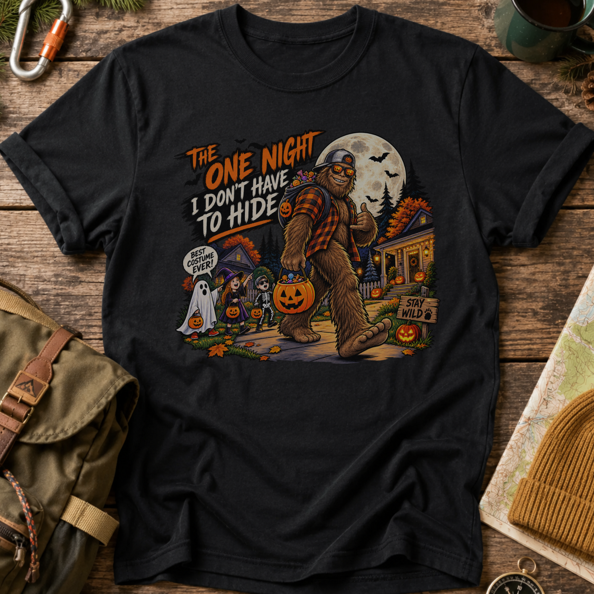 The One Night I Don’t Have to Hide Bigfoot Halloween T-Shirt | Funny Sasquatch Trick-or-Treat Tee