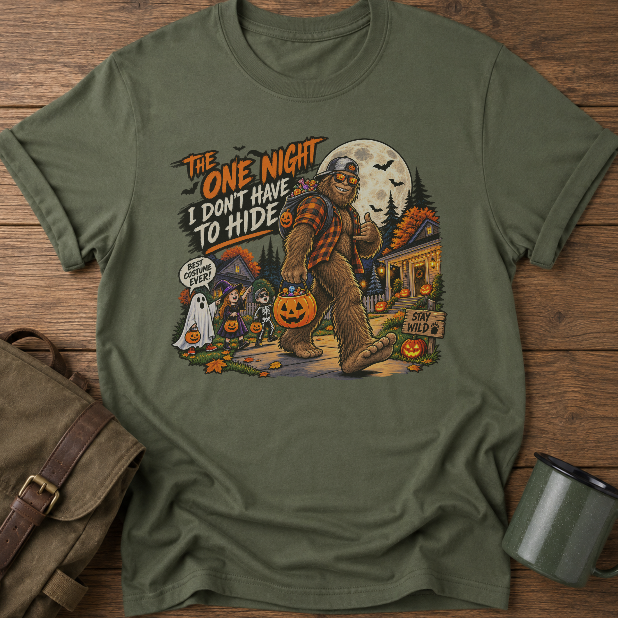 The One Night I Don’t Have to Hide Bigfoot Halloween T-Shirt | Funny Sasquatch Trick-or-Treat Tee