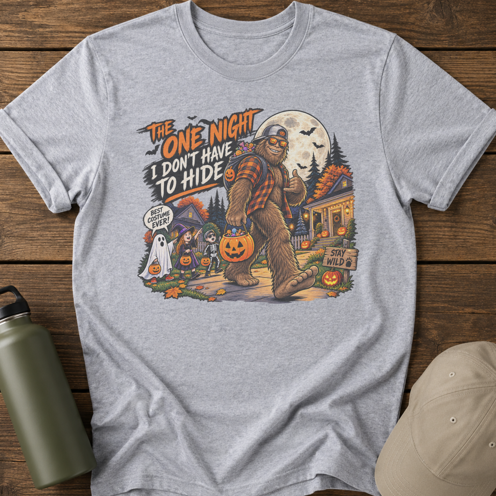 The One Night I Don’t Have to Hide Bigfoot Halloween T-Shirt | Funny Sasquatch Trick-or-Treat Tee
