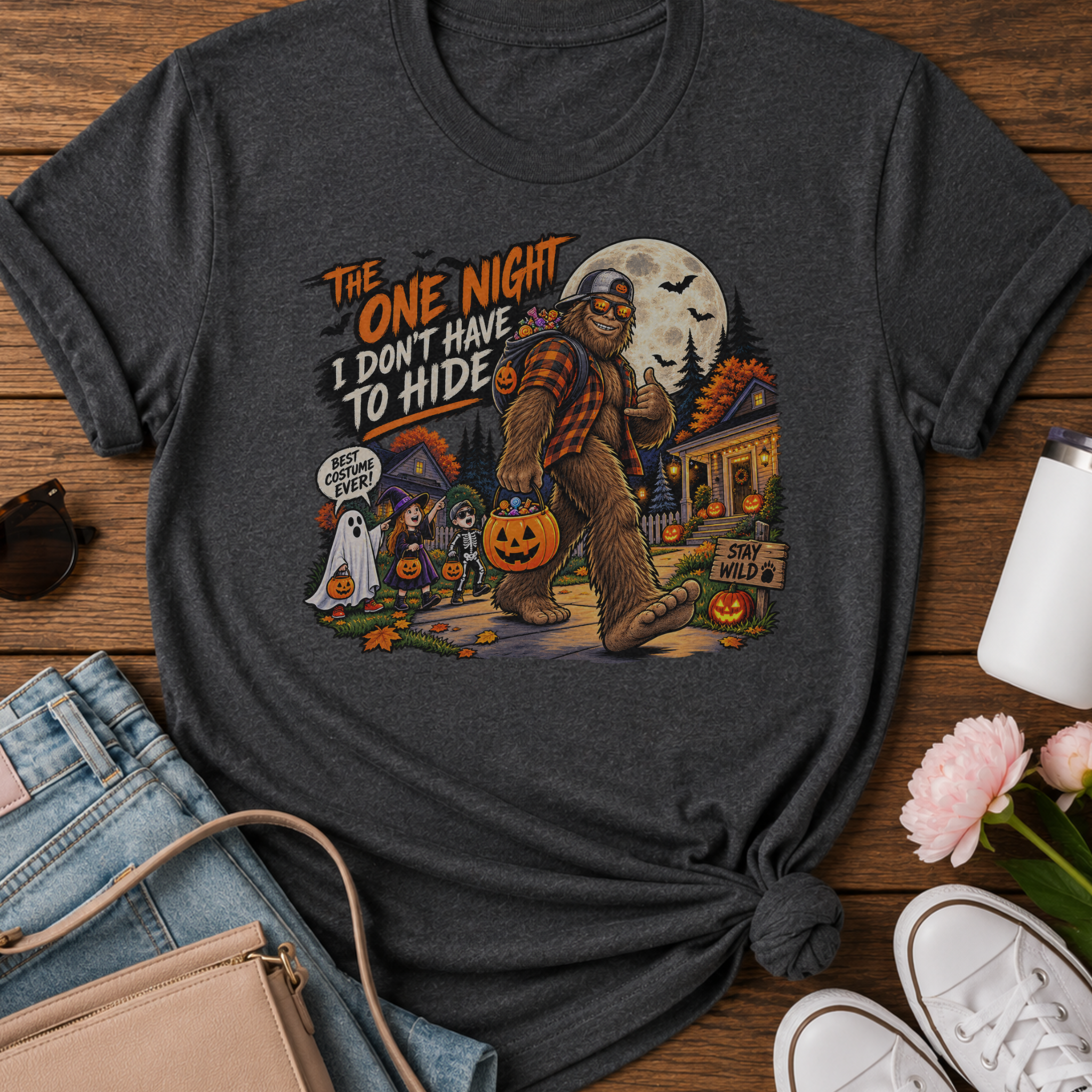 The One Night I Don’t Have to Hide Bigfoot Halloween T-Shirt | Funny Sasquatch Trick-or-Treat Tee