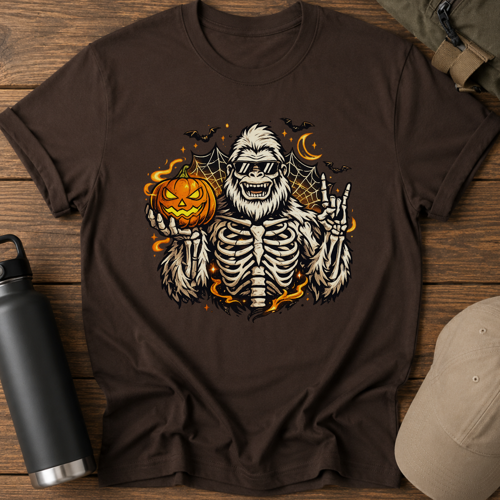Halloween Skeleton Sasquatch T-Shirt — Pumpkin, Bats & Spiderweb Spooky Tee