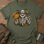 Halloween Skeleton Sasquatch T-Shirt — Pumpkin, Bats & Spiderweb Spooky Tee