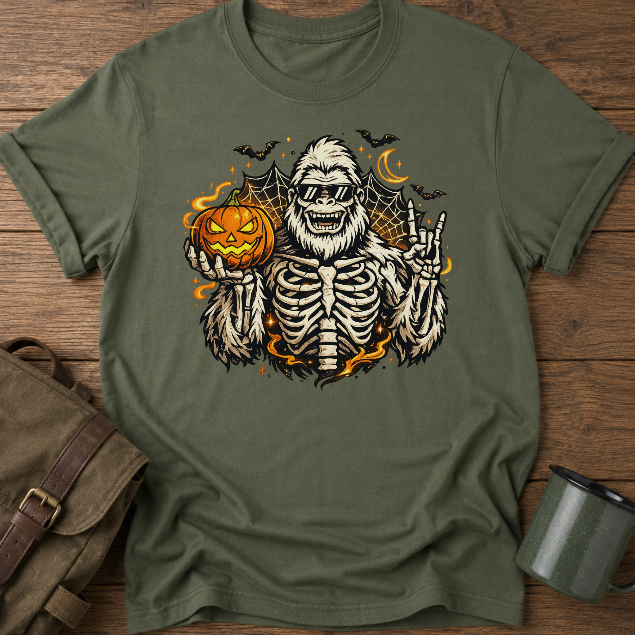 Halloween Skeleton Sasquatch T-Shirt — Pumpkin, Bats & Spiderweb Spooky Tee