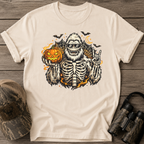 Halloween Skeleton Sasquatch T-Shirt — Pumpkin, Bats & Spiderweb Spooky Tee