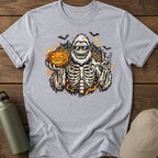 Halloween Skeleton Sasquatch T-Shirt — Pumpkin, Bats & Spiderweb Spooky Tee