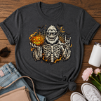 Halloween Skeleton Sasquatch T-Shirt — Pumpkin, Bats & Spiderweb Spooky Tee