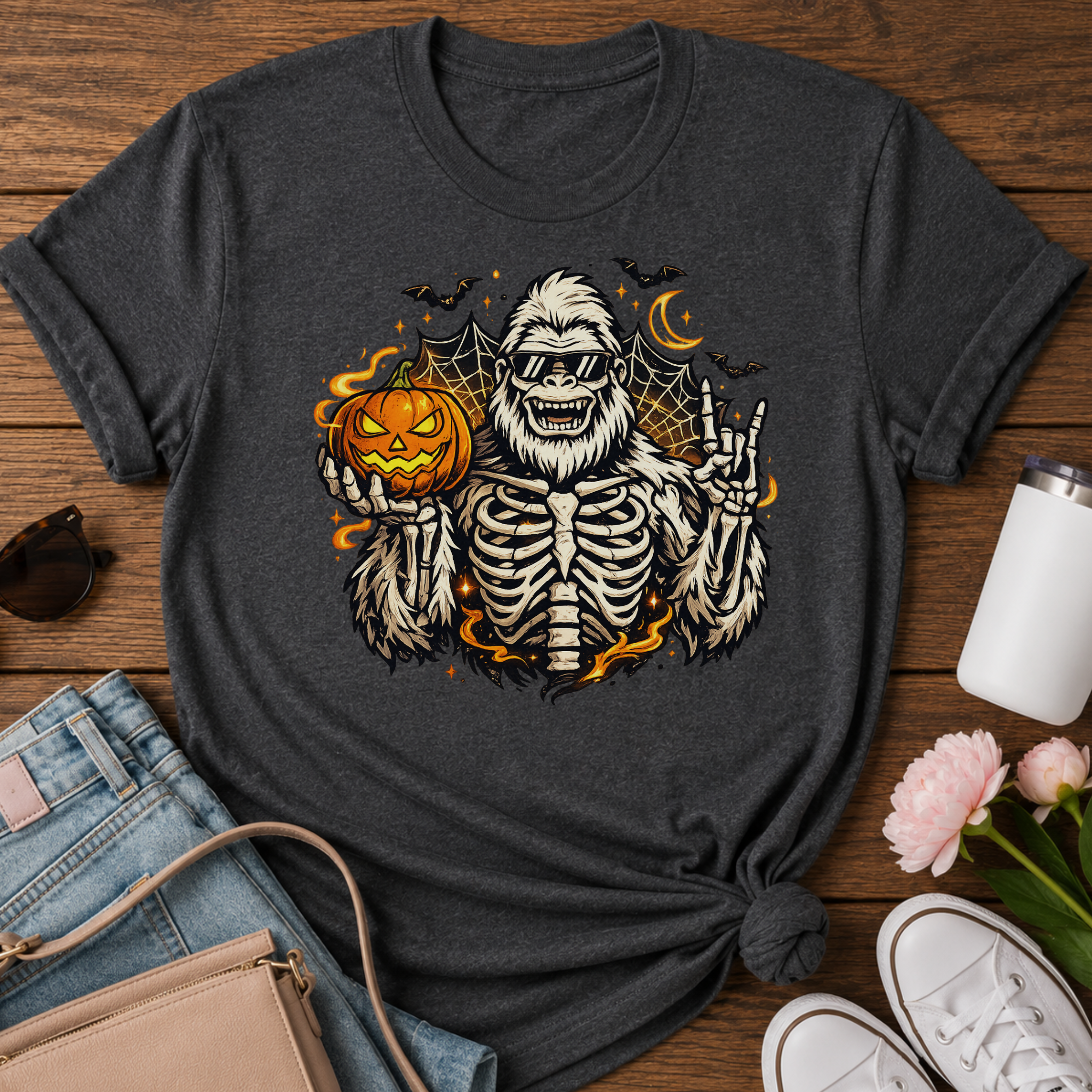 Halloween Skeleton Sasquatch T-Shirt — Pumpkin, Bats & Spiderweb Spooky Tee