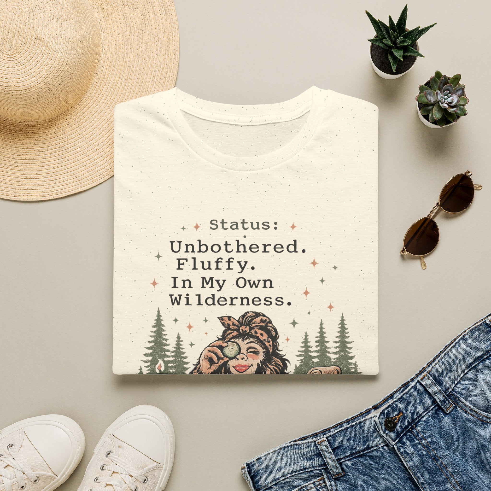Status: Unbothered. Fluffy. In My Own Wilderness." Casual Bigfoot T-Shirt
